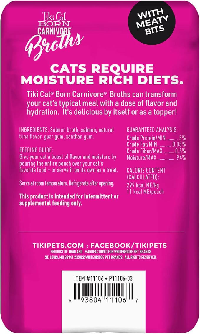 Tiki Cat Born Carnivore Broths, Salmon Recipe, Hydration and Flavor Supplement Cat Food Topper, 1.3 oz. Pouch (Pack of 12)