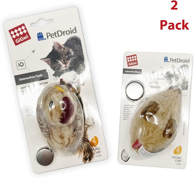 Gigwi Interactive Cat Toys Pack, Automatic Moving Mouse Electronic Cat Toys for Indoor Cats, Mouse Hunt Cat Toy for Kitten, 2 Pack (Brown Mouse & Chicken)