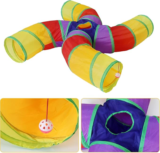 Bemodst Cat Tunnel for Indoor Cats Large,Cat Tubes and Tunnels Collapsible S-Shape Cat Tubes Kitty Tunnels Interactive Cat Toy with Storage Bag for Cat Small Dogs Ferret Rabbit (Colored 4-Way)