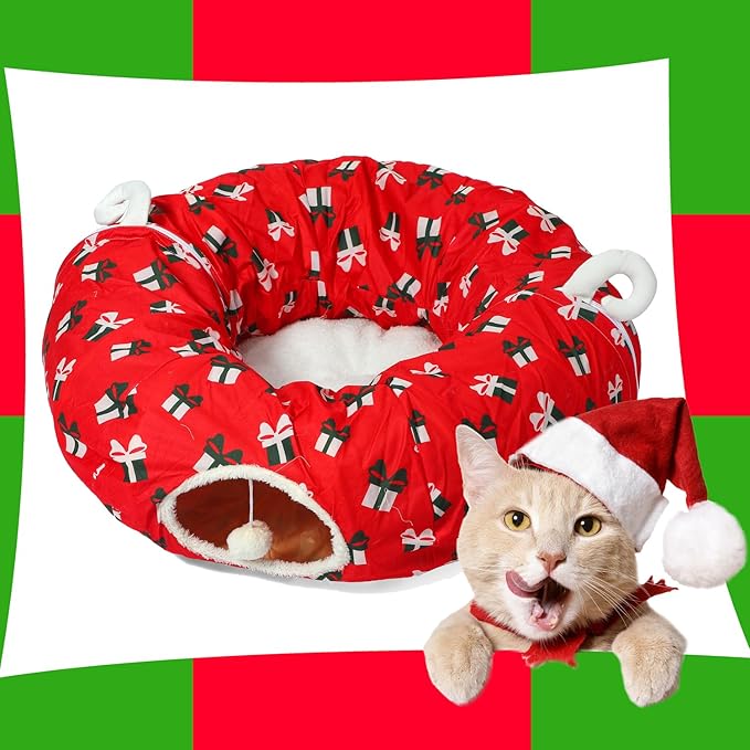 LUCKITTY Cat Tunnel Bed Under Christmas Tree 3FT x 3FT x 9.8IN - Decorative Christmas Style with Box Patterns - Red Color Perfect for Festive Felines Small Animals