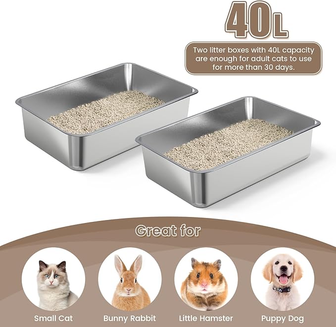 2 Pack 23.6"x16"x 6" Extra Large Stainless Steel Litter Box, XL Cat Litter Box with High Sides for Big Cat & Multiple Cats, Metal Cat Litter Pan Tray, Easy to Clean, Non-Stick, Rust Proof