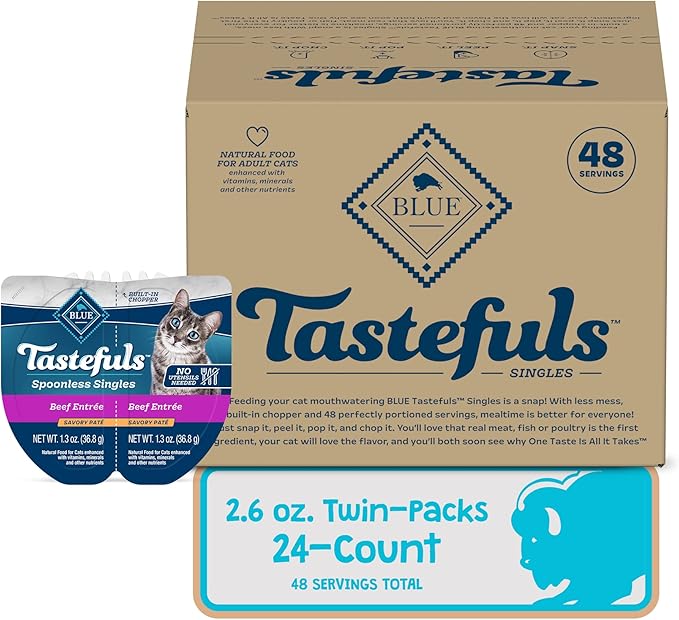 Blue Buffalo Tastefuls Spoonless Singles Natural Wet Cat Food Paté, 2.6-oz Twin-Pack Trays, Beef Entreé (24 Count)