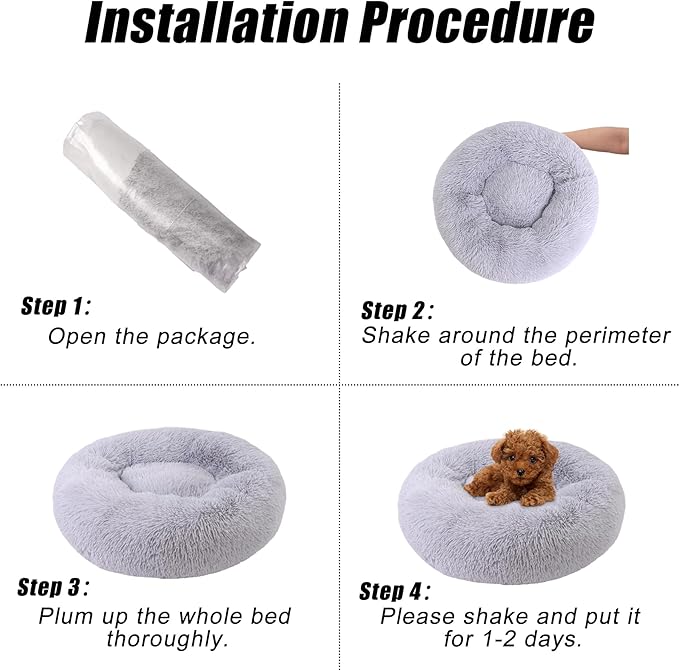 Calming Dog Bed, Dog Beds Fits up to 5 lbs Pets, Fluffy Donut Dog & Cat Bed Washable, Round Anti Anxiety Dog Bed, Small Dog Bed with Non-Slip Bottom (Light Grey, 17" x 17")