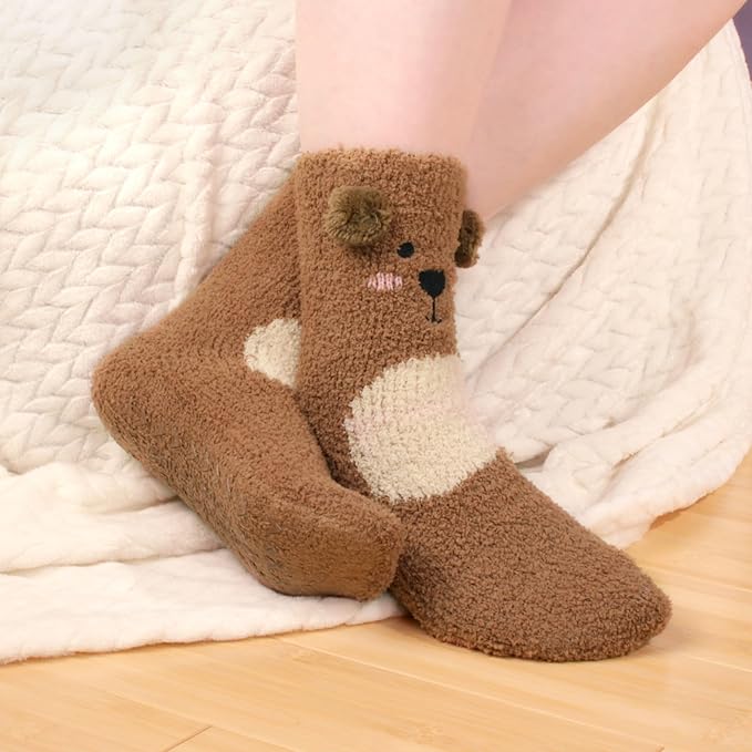 BambooMN Super Soft Warm Cute Furry Animal Non-Slip Fuzzy Cozy Fluffly Crew Winter Home Socks, Value Pack