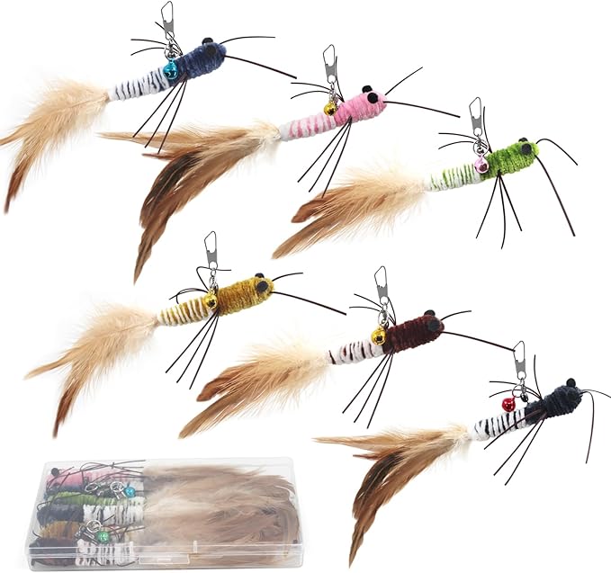 SONGWAY Insect Cat Toys with Feather - 6 Pieces Cat Feather Toy Refills, Cat Toy Wand Attachments, Cat Worm Toy, Wool Cat Toys, Interactive Cat Toys for Indoor Cats