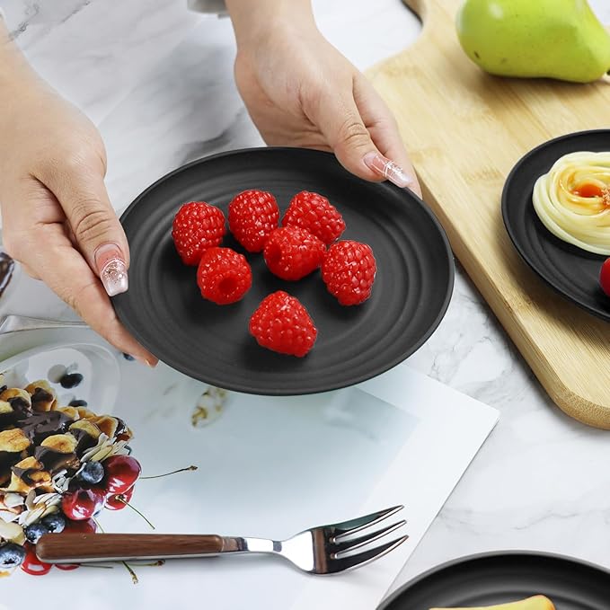 6 Inch Dessert Plates Set of 8, Unbreakable Wheat Straw Appetizer Plates, Reusable Plastic, Microwave & Dishwasher Safe, Mini for Kitchen (Black)