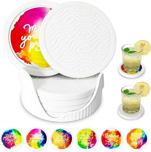 6-Pack Waterpaint Greeting Silicone Coasters with Deep Tray Holder - Double-Sided Drink Coasters - Beverage Mats for Hot or Cold Drinks - Thick, Non-Slip, Non-Stick Silicone with Ceramic Insert