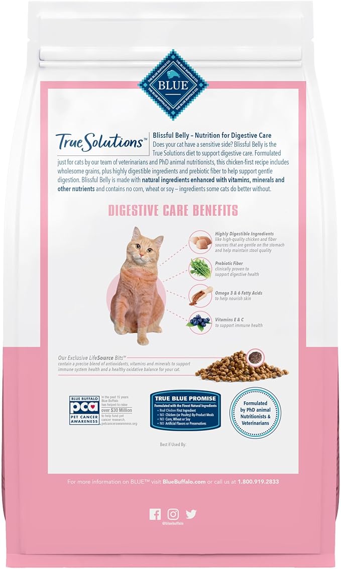 Blue Buffalo True Solutions Blissful Belly Digestive Care Natural Dry Food for Adult Cats, Chicken, 3.5-lb Bag