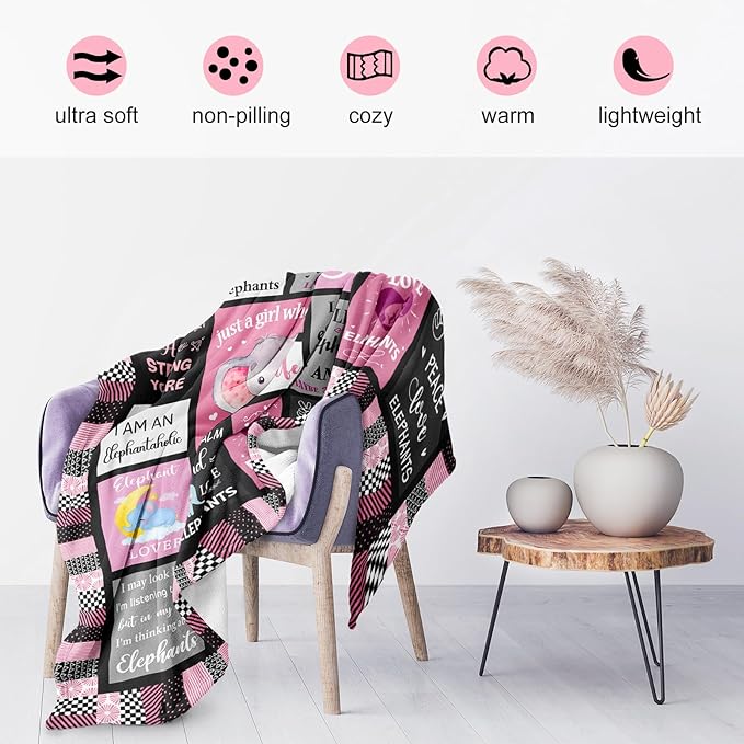 Elephant Lovers Blanket, 50"x60", Polyester/Flannel, Soft, Warm, Modern Cartoon Elephant Print Throw Blanket