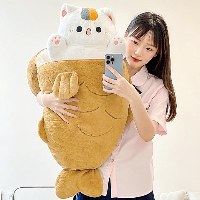 Ditucu 23.6 inch Taiyaki Cat Plush Pillow Cute Kitten Inside Fish 2 in 1 Soft Stuffed Animal Plushies Toys with Outfit Sleeping Doll Gifts for Girls Boys