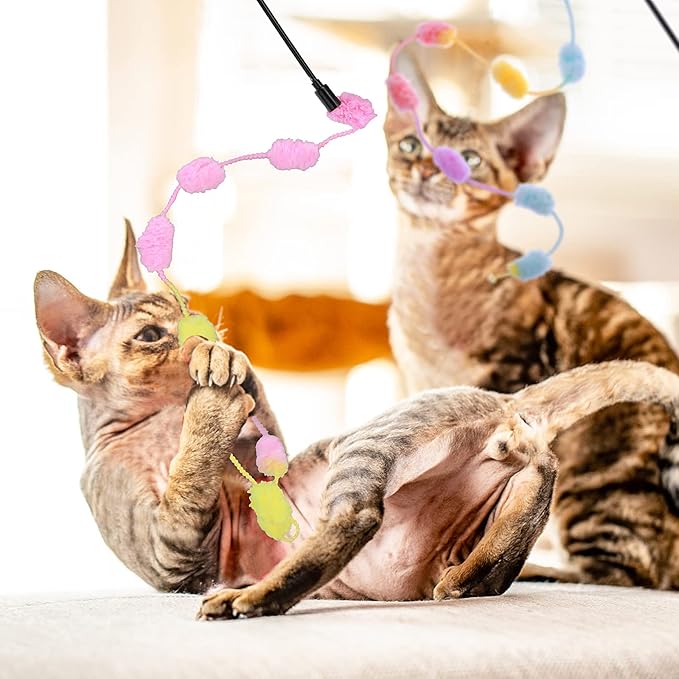 cobee Cat String Toys, 3 Pack Interactive Cat Teaser Wand String Toys Colorful Ribbon with Furry Plush Balls for Kittens Stick Cat Toys for Indoor, Cats to Play Chase Exercise