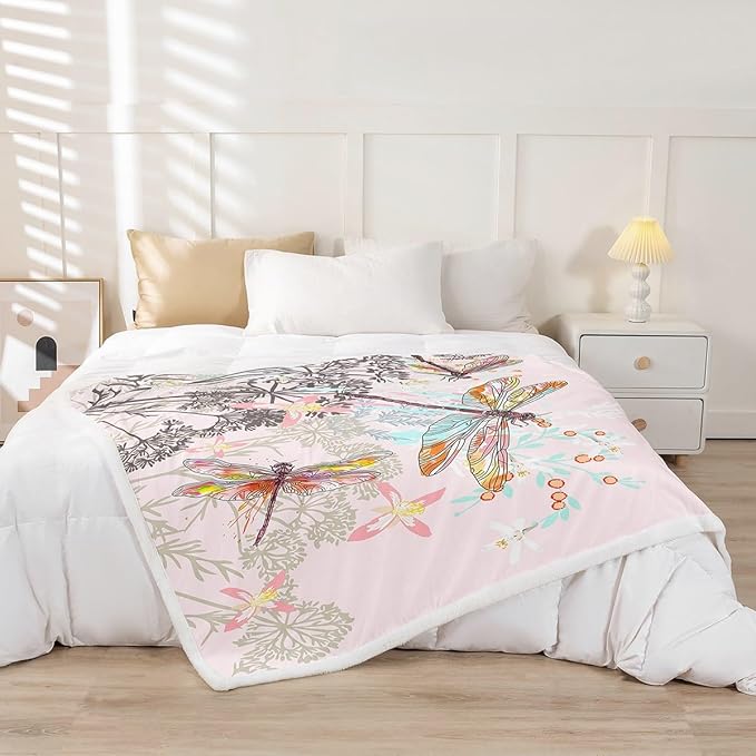 Feelyou Dragonfly Sherpa Blanket 40x50 Inches Botanical Floral Fleece Throw Blanket for Kids Girls Teens Women Bedroom Decor Nature Animals Branches for Sofa Bed Couch Pink