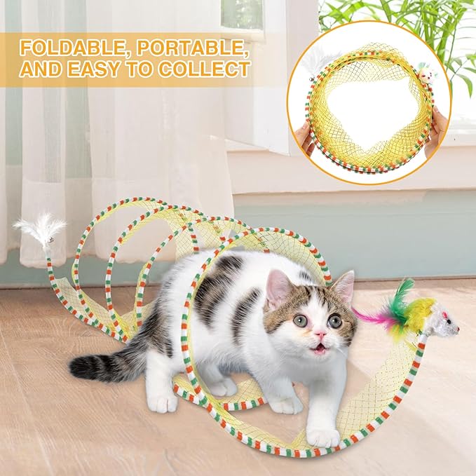 S Type Self-Play Folded Coil Cat Spiral Tunnel Toy for Indoor Large Cats Play Exercise with 2 PCS Flea Lice Combs, Decompression Interactive Cat Springs Toys (Yellow)