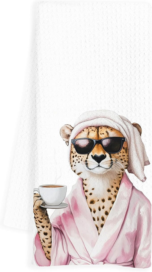 Trendy Coffee Leopard Bathroom Hand Towels, Funky Sunglasses Bathrobe Cheetah Decorative Hand Towels for Bathroom Washroom, 16x24 Inch