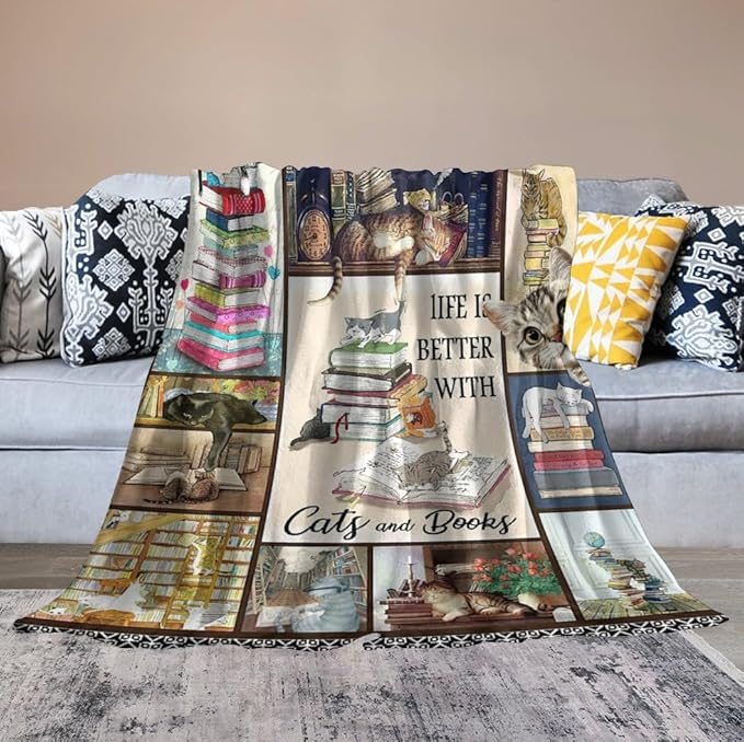 Read Blanket Cat Gifts for Reader Girls Boys Woman Kids Cat Lover Reading Book Throw Blankets Soft Blanket Warm Fleece Flannel Plush Blankets for Bed Sofa Couch 60"x80"