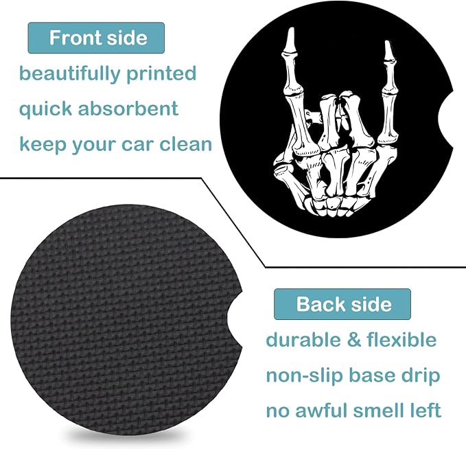 Car Coasters for Cup Holders,2 Pack Skull Skeleton Hand Car Cup Holder Coasters,2.75" Universal Size Anti Slip Rubber Mat,Middle Finger Skeleton Hand Skull Gifts for Women,Men,Mom