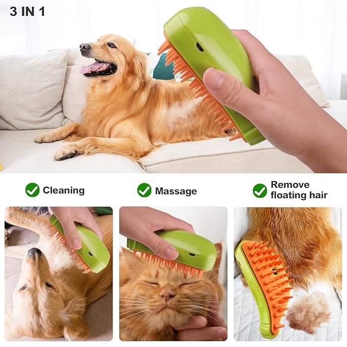3in1 Cat Steam Brush,Multifunctional Rechargeable Cute Steamy Pet Brush for Short Or Long Hair Cats/Dogs To Massage/Clean/Eliminate Flying&Tangled Hair With USB Cable-Green Banana