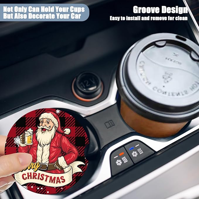 Car Cup Holder Coaster - Christmas Santa Absorbent Ceramic Coaster, Car Coasters for Cup Holders, Auto Accessories for Women & Men, Pack of 2