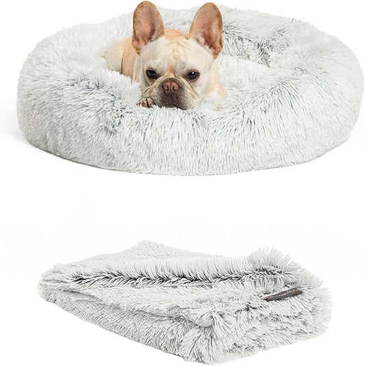 Best Friends by Sheri Bundle Set The Original Calming Shag Donut Cuddler Cat and Dog Bed + Pet Throw Blanket Frost Small 23" x 23"