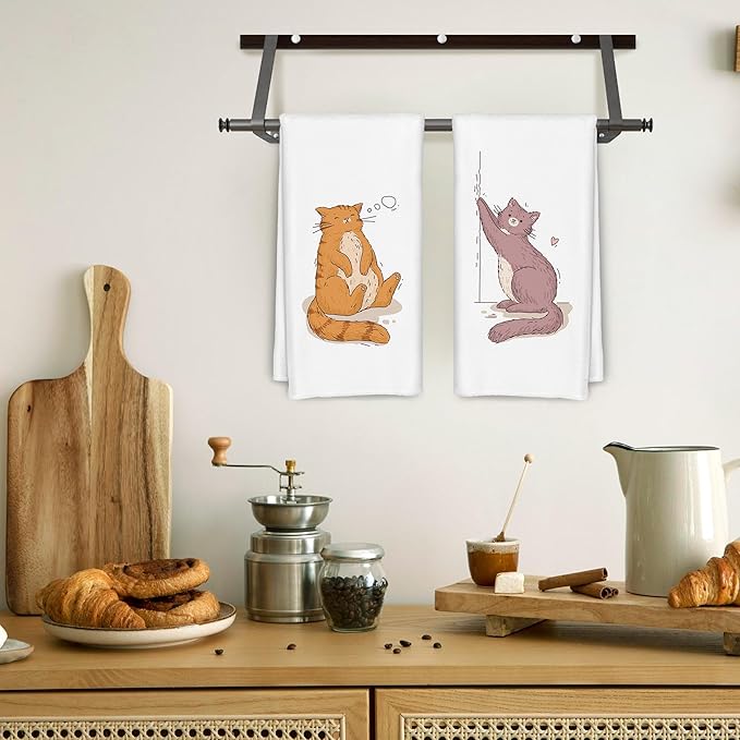 Cartoon Orange and Brown Cat Kitchen Towels Set of 2, Funny Cat Lover Mom Lady Gifts Dish Towels for Kitchen Decor, Cute Kitten Hand Towels for Bathroom Decor, 16x24 Inch