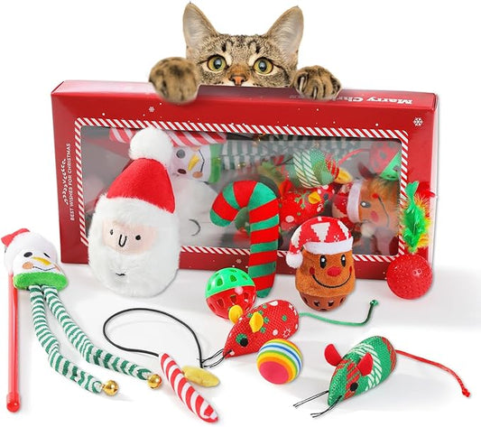PETEPELA Christmas Cat Toys, 10 Pcs Cat Feather Mice Catnip Toys Set, Cat Gifts for Christmas, Interactive Cat Christmas Stocking Ball Toys, Crinkle Balls, Mice Toys for Indoor Cats & Kittens