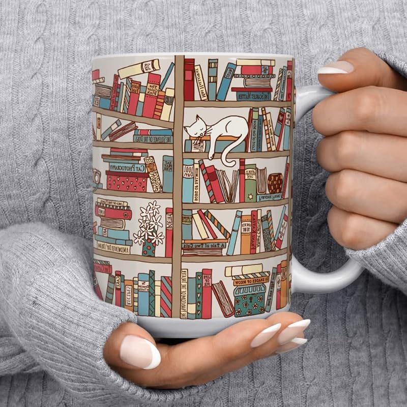 Book Coffee Mug, Book Lover Gift, Bookish Gifts, Librarian Mug, Bookworm Mug, Gift for Bibliophile, Books and Cats (15oz)