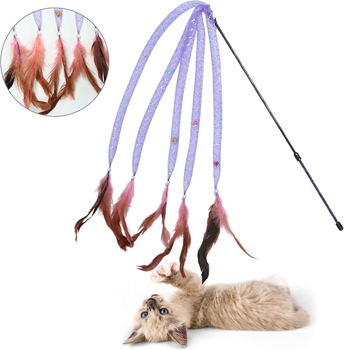 Interactive Cat Toys with 5 Feathered Ropes (2 PCS), Indoor Automatic Cat Toy for Cat, Promoting Exercise and Stress Reduction as Fun Cat Chase Toy.