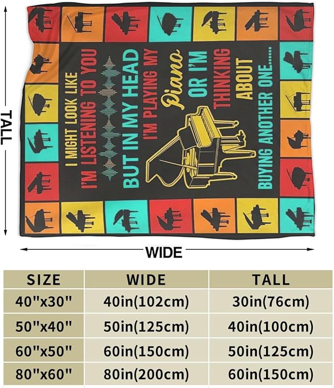 Piano Blanket Musical Instrument Throw Blanket Piano Decor Stuff Merch Cozy Print Flannel Fleece Soft Plush Fuzzy Warm Lightweight Bedding Piano Gifts for Women Men Girls Kids 50"X40"