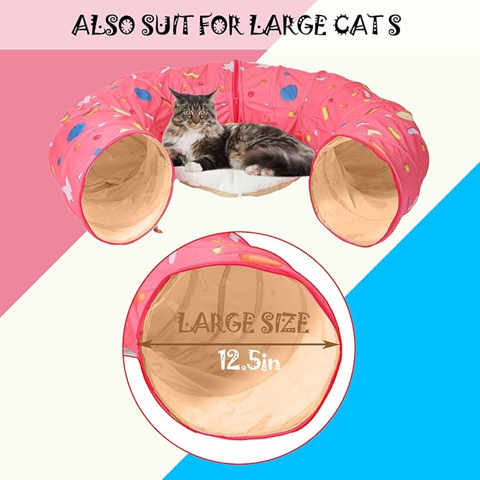 LUCKITTY Large Cat Donut Tunnel, Big Cat Tunnel Bed,Fluffy Toy Balls, Small Cushion and Flexible Design- 12 inch Diameter, Great for Cats, and Small Dogs,Pink