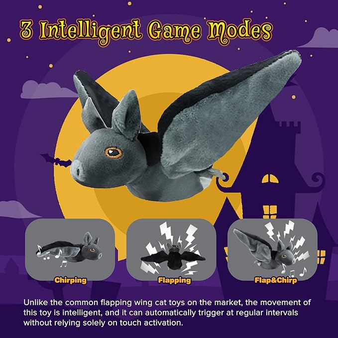 LEWISER Cat Toys, Rechargeable Intelligent Flapping Bat, Suitable for Cat Teaser Stick, Halloween Hanging Interactive Cat Toys for Indoor Cats Chase Exercise, Vivid Chirping, 3 Modes