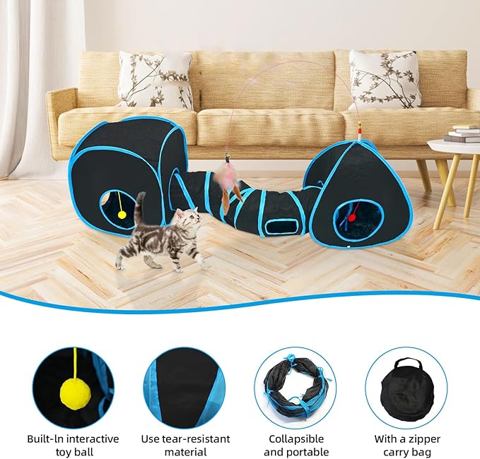 Cat Tunnels for Indoor Cats, Cat Tent, Cat Cube and Feather Cat Toy Collapsible Combo, with Interactive Cat Toy Ball, Cat Toy Set for Indoor Cat, Ferret, Guinea Pig, Rabbit, Bunny, Blue