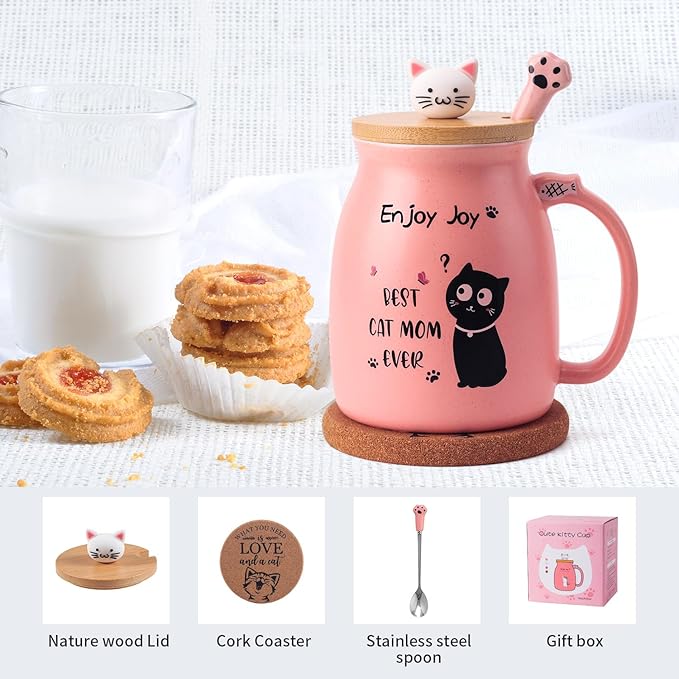 Best Mom Ever Coffee Mug Mothers Day Gift for Mom from Daughter Son, Novelty Coffee Mug for Mama Birthday Gifts for Women, Her, Wife, Sister, Grandma, Cute Cat Ceramic Coffee Mug with Spoon, Pink