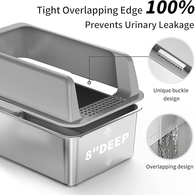 8" Deep Stainless Steel Cat Litter Box with Lid, Extra Large Metal for Large Cat, Kitty Litter Box with High Sides Enclosure for High Peeing Cat, Easy Cleaning, Non-Sticky, Leak-Proof