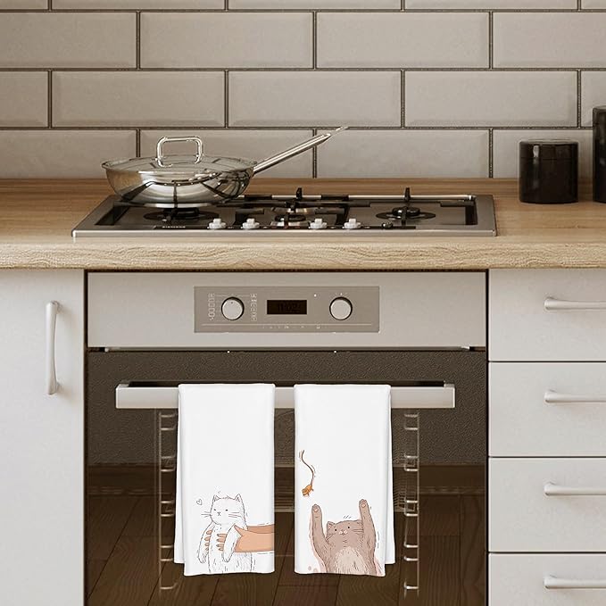 Cartoon White and Grey Cat Kitchen Towels Set of 2, Funny Cat Lover Mom Lady Gifts Dish Towels for Kitchen Decor, Cute Kitten Hand Towels for Bathroom Decor, 16x24 Inch