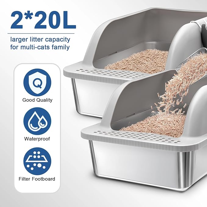 2 Pack Extra Large Stainless Steel Cat Litter Boxes, High Sides Metal Cat Litter Box for Multi-Cats Big Cats XL Metal Litter Pan Tray, Non-Sticky, Easy Cleaning（Gray）