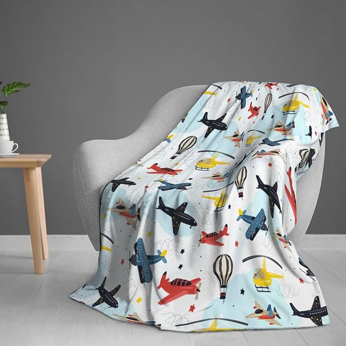 Kids Airplane Blanket Throw 60"x50", Plush Flannel Aircraft Blankets, Soft Warm Decorative for Kids Women