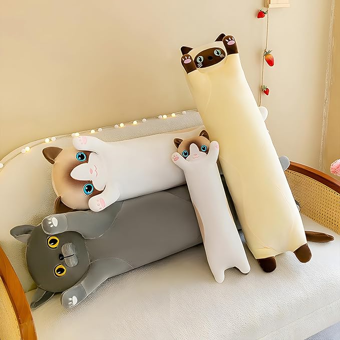 Long Cat Plush Pillow, 27.6in Cute White Cat Plushie Stuffed Animals Body Pillow, Kawaii Kitten Soft Plushie Doll Toy Birthday Gift for Kids Girlfriend