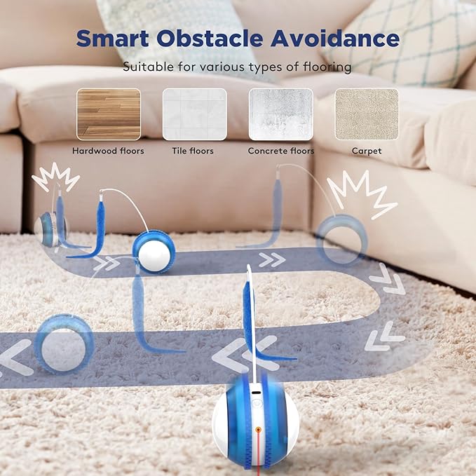 Cat Toys for Indoor Cats, Innovative Interactive Cat Toy Ball with Bird Chirping, USB Rechargeable Automatic Exercise Rolling Cat Toy for Bored Indoor Adult Cats Kittens, Blue/White