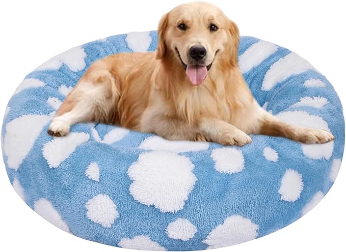Calming Dog Bed, Dog Beds Fits up to 40 lbs Pets, Fluffy Donut Dog & Cat Bed Washable, Round Anti Anxiety Dog Bed, Small Dog Bed with Non-Slip Bottom (Blue, 28" x 28")