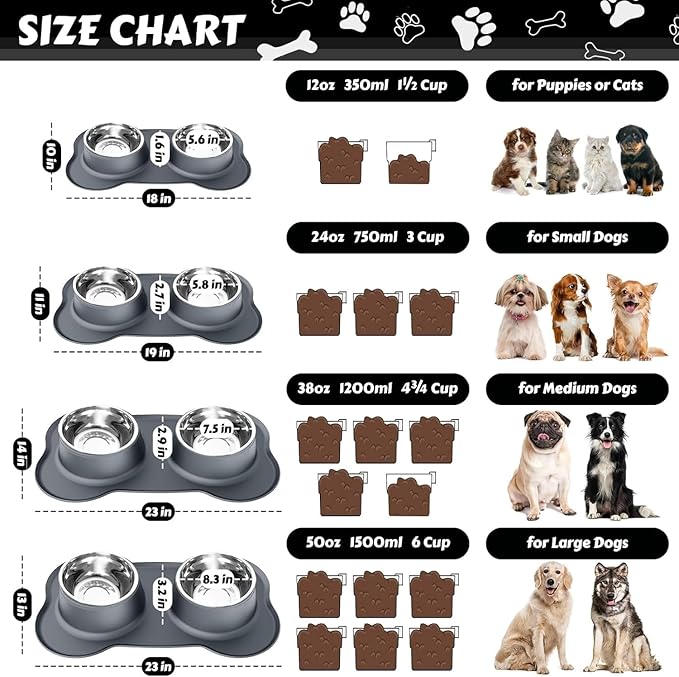 AsFrost Dog Food Bowls Stainless Steel Dog Food & Water Bowl Set with No Spill Non-Skid Silicone Mat, Dog Dishes Pet Feeding Bowls for Small Medium Large Sized Dogs Cat Puppy Food Bowl, Grey, 4 Cup