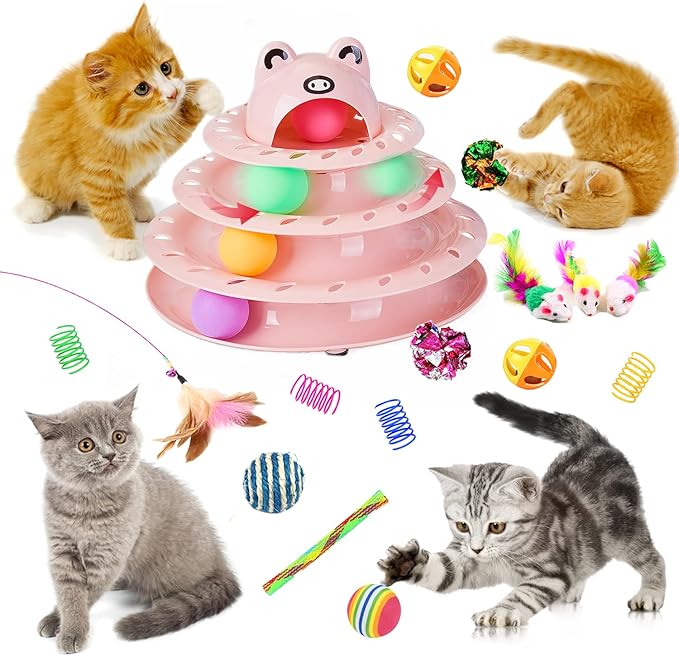 17 Pack Cat Toys, 4-Level Turntable Ball Track Interactive Cat Toy for Indoor Cats, Self Play Fun Roller with Colorful Rotating Ball Puzzle Exercise Kitten Toys Set