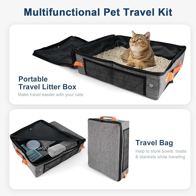 17.7*13.5*13.75" Large Travel Litter Box for Cats, Collapsible Cat Litter Box with Lid, Portable Cat Box with Zipper & Hard Bottom, Leak-Proof Kitty Litter Box for Car Hotel Airplane, Water-Resistant