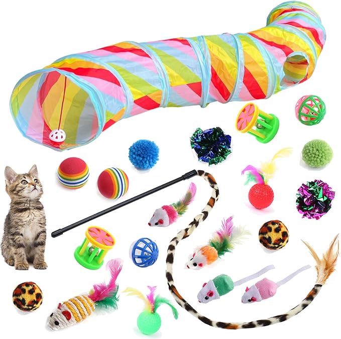 Cat Toys Kitten Toys for Indoor Cats Collapsible Cat Tunnels Tube Toy Bundle Pack, Cat Feather Teaser Interactive Feather Toy Fluffy Mouse Crinkle Balls Play for Cat Puppy Kitten