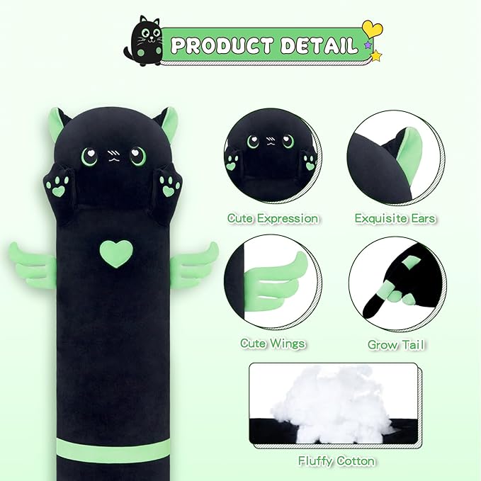 Giant Green Cat Pillow - Plush Long Body Kitten Pillow, Cute Stuffed Animal for Kids & Girlfriends (50cm/19.6inch)
