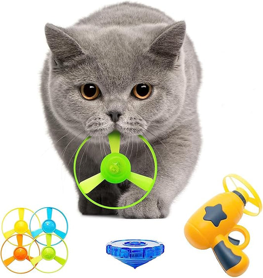 Cat Fetch Toys, Interactive Flying Cat Toy with 5 Flying Propellers,1Spinning Tops, Cat Dog Pet Tracks Chasing Toy for IndoorCats (Yellow)