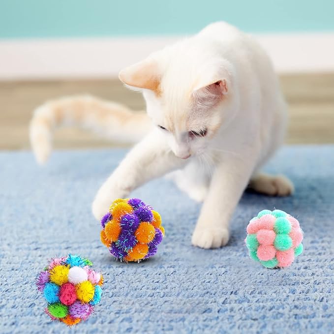 TUSATIY Cat Toys Balls with Bells 3PCS, Color Cat Pom Pom Balls,Tinsel Sparkle Balls,Interactive Toy for Indoor Cats Kitten