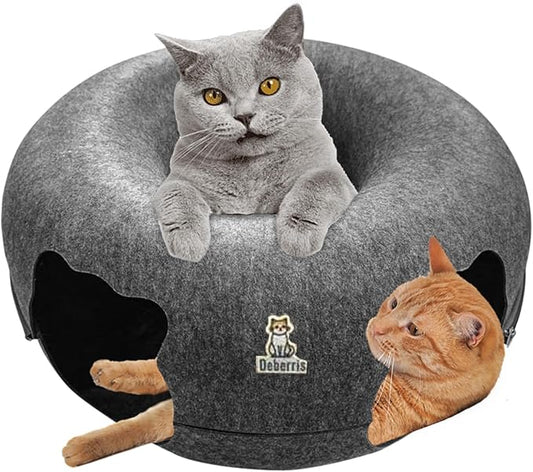 Peekaboo Cat Tunnel Bed-Large, Scratch-Resistant Donut Cave for Indoor Cats Up to 30-45 lbs, Detachable & Washable Design, Perfect Cozy Play & Rest Spot for Cats and Small Dogs (Dark Grey, Large)