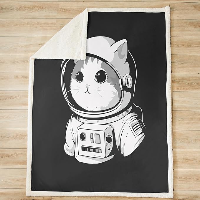 Astro-cat Sherpa Blanket Cute Pet Cats Fleece Throw Blanket for Sofa Couch Bed Decor Animals Universe Explore Plush Blanket Black White Fuzzy Blanket Baby 30"x40"