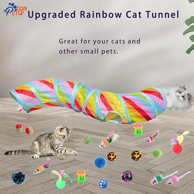 Cat Toys Kitten Toys for Indoor Cats Collapsible Cat Tunnels Tube Toy Bundle Pack, Cat Feather Teaser Interactive Feather Toy Fluffy Mouse Crinkle Balls Play for Cat Puppy Kitten