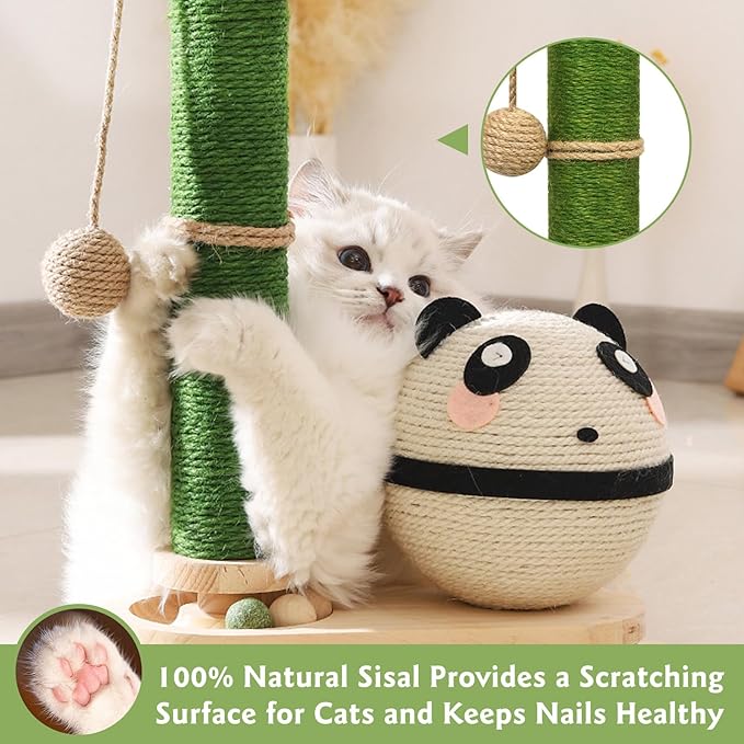 Cat Scratching Post, Panda Cat Grabs Sisal Ball Kitten Toys for Indoor Cats Wooden Ball Track Two-Layer Modern Sisal Cat Tree Tower Scratch Post Interactive Toy with Dangling Ball